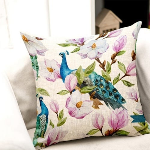 Flower Peacock Design Cotton Linen Square Decor Throw Pillow Case Cushion gift 