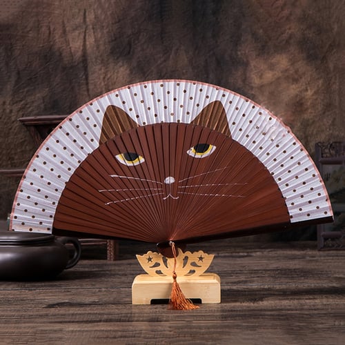 Women Cartoon Cat Folding Silk Fan Handheld Fan Hollow Out Hand Folding Fan S 