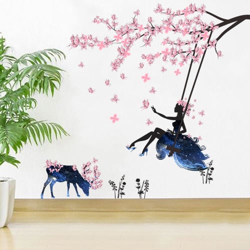 Fairy Pink Flower Tree Branch Vinyl Wall Stickers Kids Decals Nursery Decor Art 