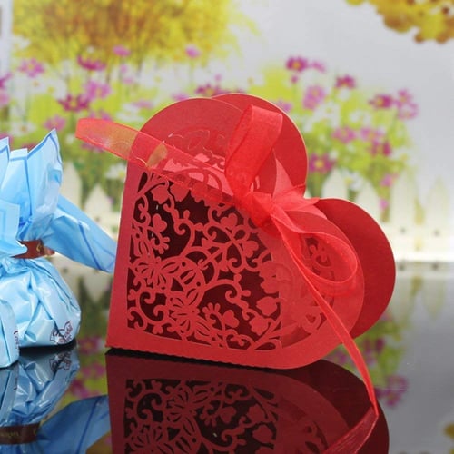 20x Heart Hollow Wedding Favor Candy Treat Gift Box Wrap Bag Case Ribbon Red 
