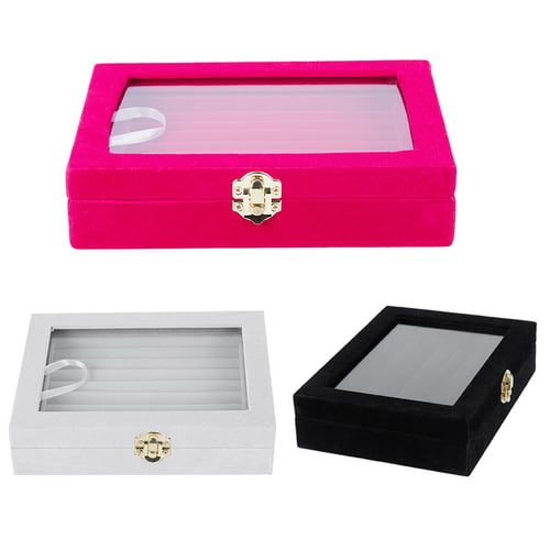 Glass Jewelry Velvet Ring Organizer Tray Holder Earring Storage Case Display Box 