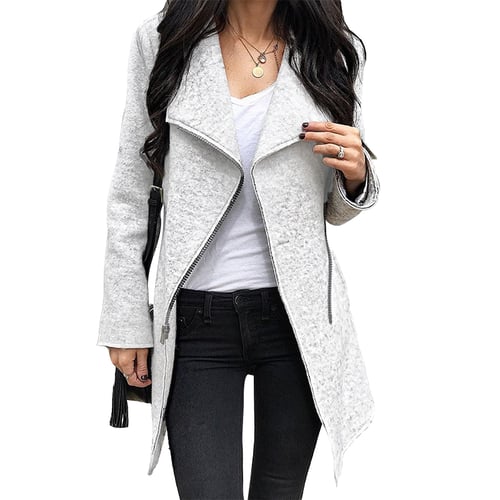 Women's Zipper Long Sleeve Asymmetrical Collar Lapel Outwear Jacket Cardigan
