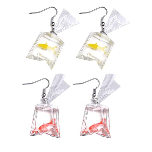 2 Pairs One Red& One Yellow Funny Goldfish Earrings Water Bag Shape Dangle Hook Earrings Charm Jewelry Gift Earrings for Women Girls