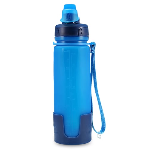 Camping Hiking folding water bottle 500ml Foldable Silicone Water Bottle For Travel Outdoor Sport Blue