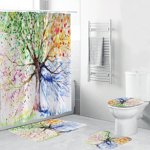 Colorful Lion Bathroom Waterproof Polyester Shower Curtain Toilet Seat Cover Mat 