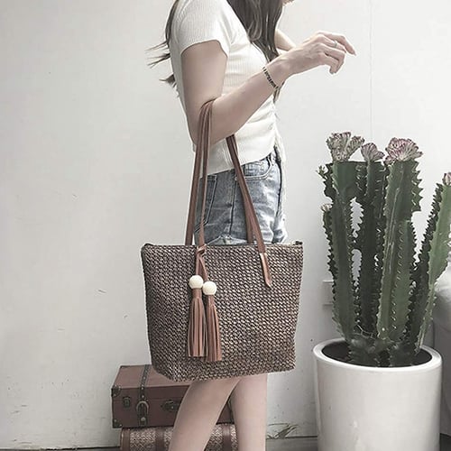 Straw Handbags Women Handwoven Round Corn Straw Bags Natural Chic Hand Large Summer Beach Tote Woven Handle Shoulder Bag 