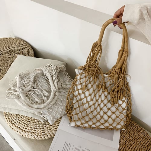 Summer Beach Bag Handmade Woven Rope Knitted Bag Hollow Out Net Handbag Straw Luxury Handbags Women Bags