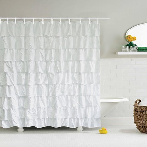 12hooks Waterproof 180x180cm Bathroom Decor White Ruffle Edge Shower Curtain 