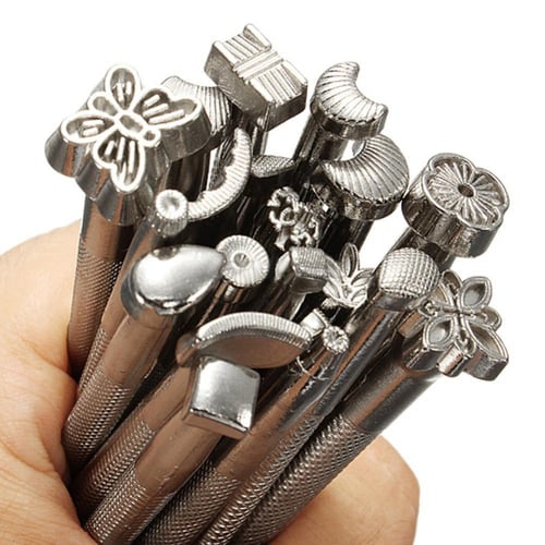 25PCS Manual Leather Craft Stamping Carved Wooden Hammer Embossing Tools Silver 