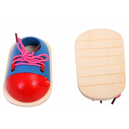 1Pair Wooden Shoes Toys Toddler Lacing Shoes Early Education Toy Teaching Aids 