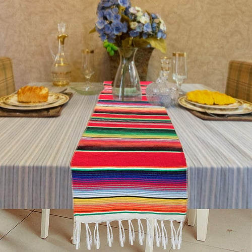 2 Pack 14 by 84 Inch Mexican Table Runner 14 x 84 inch Mexican Party Wedding Decorations Fringe Cotton Serape Blanket Table Runner （Green