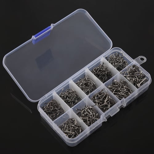 500pcs Fish Jig Hooks with Hole Fishing Tackle Box 10 Sizes Carbon Steel w/Box 