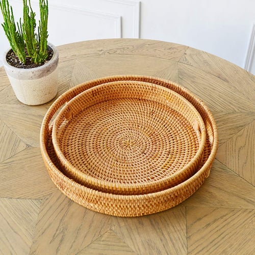 Handwoven Round High Wall Severing Tray Food Storage Platters Plate Over Handles 