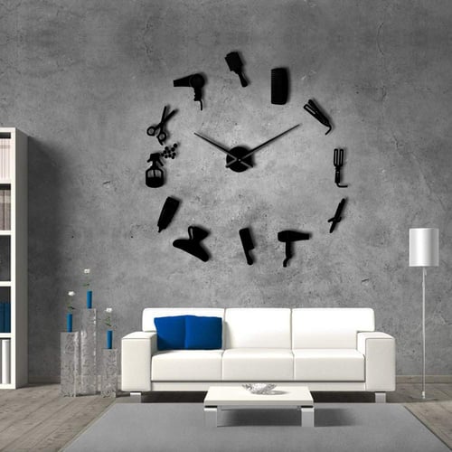 Diy Barber Shop Giant Wall Clock with Mirror Effect Barber Toolkits Decorative F 