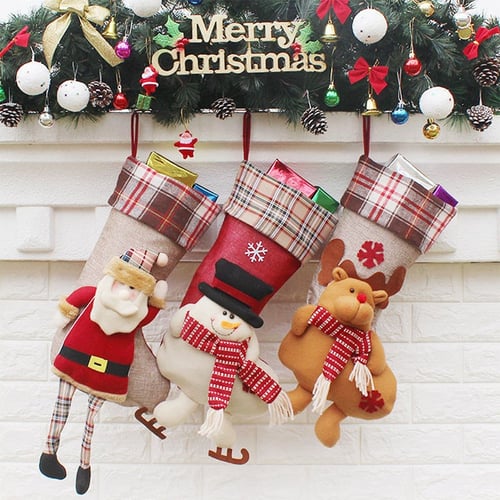 3D Christmas Stockings 18'' Hanging Xmas Snowman /Santa's Toy Stockings Gift Bag 