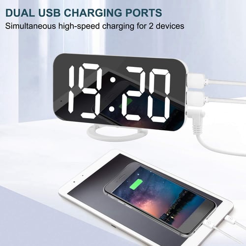 Digital Alarm Clock 3 Adjustable Brightness Large LED Display Mirror Clocks with 2 Dual USB Charger Ports Black Easy Snooze Function Alarm Clocks for Bedrooms with Nightstand 