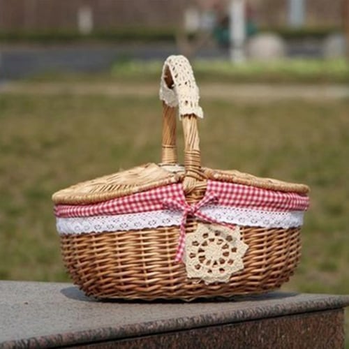 Hand Made Basket Wicker Camping Picnic Basket Storage Hamper and Handle Wooden 