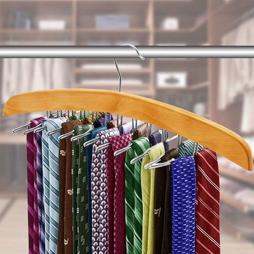24-Hook Wooden Tie Rack Necktie Belt Scarf Hanger Holder Closet Organizer Hanger 