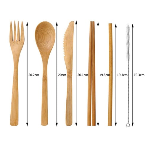 Reusable Natural Wooden Fork Spoon Flatware Set W/Pouch For Camping Travel 