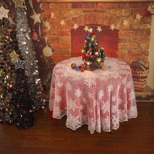 Christmas White Lace Snowflake Elk Tablecloth Dinner Party Decor Round 70'' 