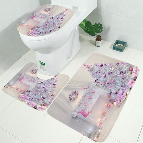 Christmas Snow Waterproof Bathroom Shower Curtain Toilet Seat Cover Mat Rug Sets 