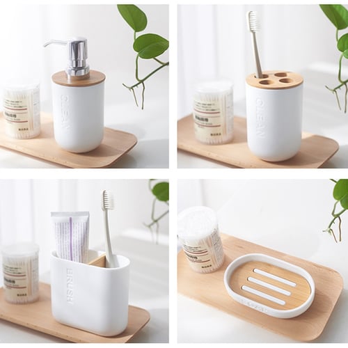 6Pcs Plastic With Bamboo Bathroom Accessories Toothbrush Holder Soap Dish Set 