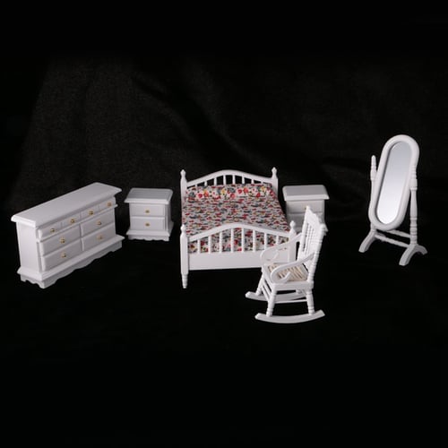 1:12 Dollhouse Miniature Bedroom Furniture Wooden Bed Dresser Mirror Chair