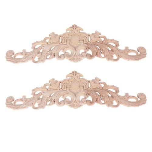 2Pcs Wooden Carved Applique Furniture Unpainted Mouldings Decal Onlay Home Decor 