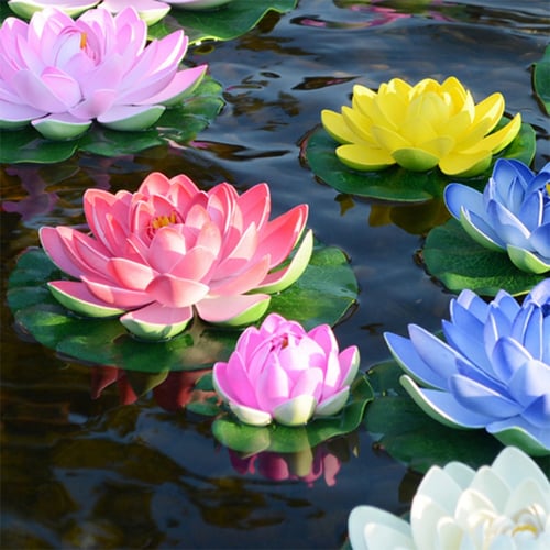 Artificial Lotus Flower Fake Plants Simulation Water Lily Green Leaves Floating 