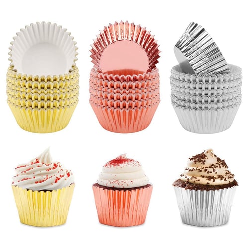 Pink 50 Pcs Cupcake Cases,Mini Cup Cake Cases Cake Cases,Foil Metallic Muffin Case Baking Decoration Cups with 100pcs Disposable Piping Bags for Weddings DIY Party Birthdays Christmas