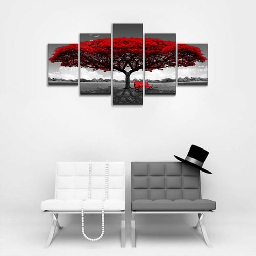 Wall Art 5 PCS Red Tree Art Scenery Landscape Paintings Canvas HD Printed 