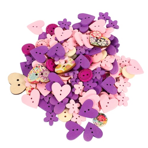 100 Pcs Wood Buttons 2 Holes Heart/Flower Pattern Sewing Scrapbooking Colorful 
