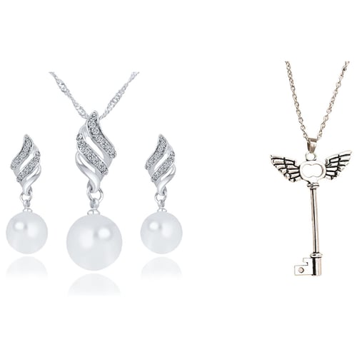 New Faux Pearl Crystal Angel Pendent Necklace Earring Jewelry Set Wedding 