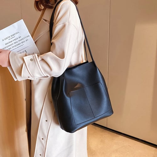 Large Capacity Leather Handbag Casual Shoulder Bag Womens Pocket Soft Black 