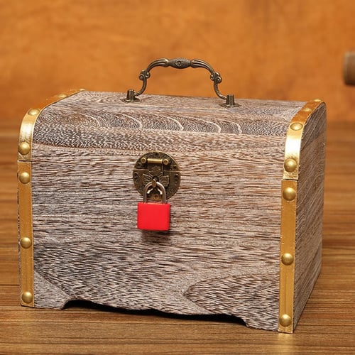 Lock Money Wooden Piggy Bank Storage Box Vintage Case With Keys Large Jewelry 