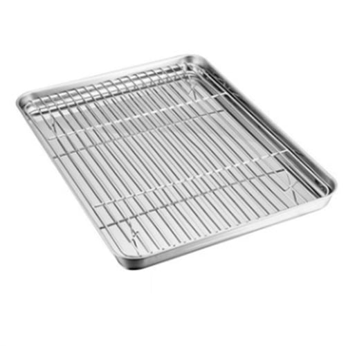 BBQ Baking Tray Draining Oil  With Grid Rack Stainless Steel Baking Pan Sheet, 