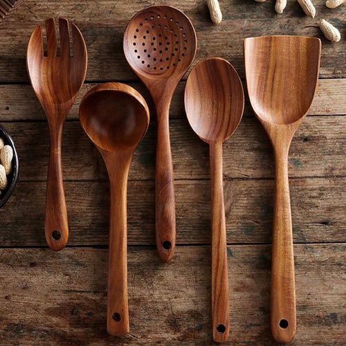Handmade Natural Teak Cooking Spoons Wooden Spatula for Nonstick Cookware 5 Set
