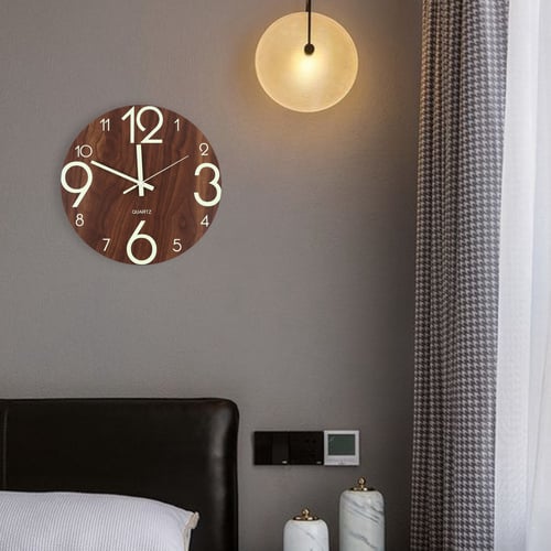 12 Inch Luminous Wall Clock Wooden Silent Non-Ticking w/ Night Light Living Room 