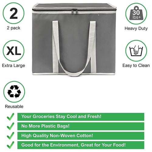 2Pack Insulated Reusable Grocery Bag Shopping Trips Sturdy Zipper Thermal Totes 