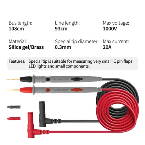Test Lead 20A 1000V Wire Retardant Gilded Sharp Needle Probe Digital Multi Meter 
