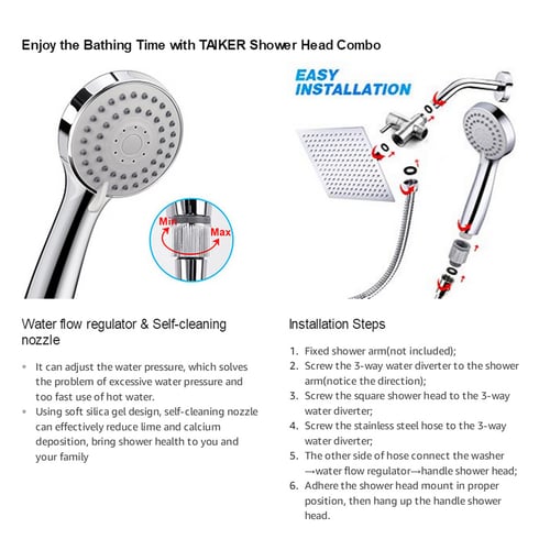 High Pressure 8'' Rainfall Stainless Steel Shower Head Handheld Combo With Hose 