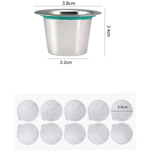 Reusable Coffee Capsule Stainless Steel Reusable Coffee Pods for Nespresso Refillable Coffee Filter with 120pcs Disposable Self Adhesive Aluminum Foil Lids 1 Tamper