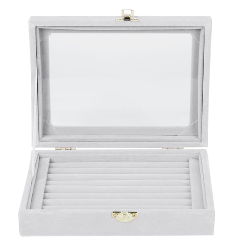 Velvet Glass Ring Earring Jewelry Display Organizer Box Tray Holder Storage Case 