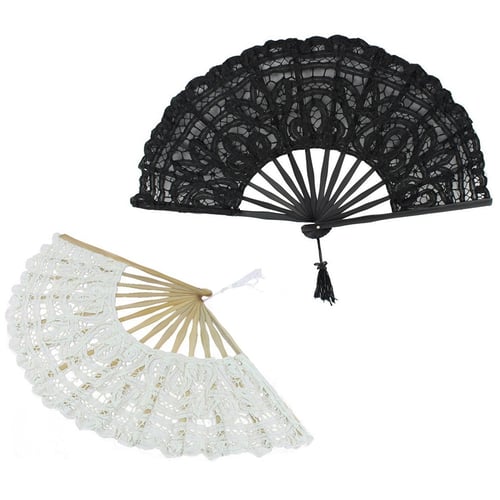 Handmade Cotton Lace Folding Hand Fan for Party Bridal Wedding Decoration Black 