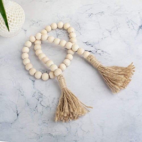 Wood Beads Garland With Jute Tassels Rustic Natural Wooden Bead String Wall Hanging For Farmhouse Home Decor Set Of 5 - Home Decor Wooden Beads