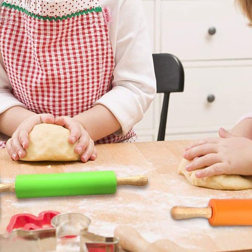 Silicone Rolling Pin Mini & Large Size Cookie with Wooden Handle & Nonstick Surface Dough Roller for Pizza 2 Pack Rolling Pins for Baking 