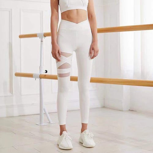 Womens High Waist Leggings Mesh Splice Yoga Sports Capri Pants Printed Trousers 