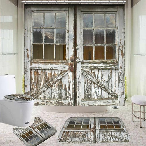 3D Old Vintage Wood Door Waterproof Bath Shower Curtain Rug Set Non-Slip Sh Z3O1 