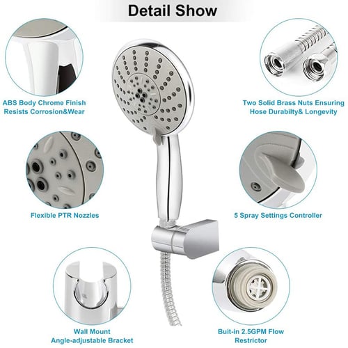 Handheld Shower Head with Hose 5 Spray Settings Adjustable Angle High Pressure 