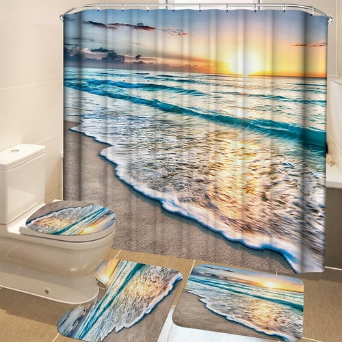 Beach Ocean Shower Curtain Set Non-slip Bath Mat Pedestal Toilet Cover Lid Rug 